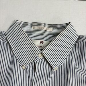 Vtg 90s Etienne Aigner Blue White Striped Dress Shirt 17 34/35 Tailored Thailand
